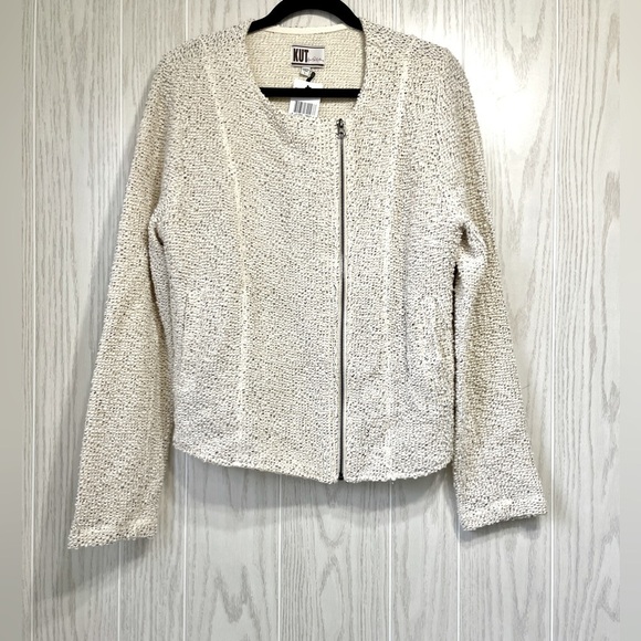 Kut from the Kloth White Marled Moto Zip Jacket  Large Slash Front Pockets NWT - Picture 5 of 5
